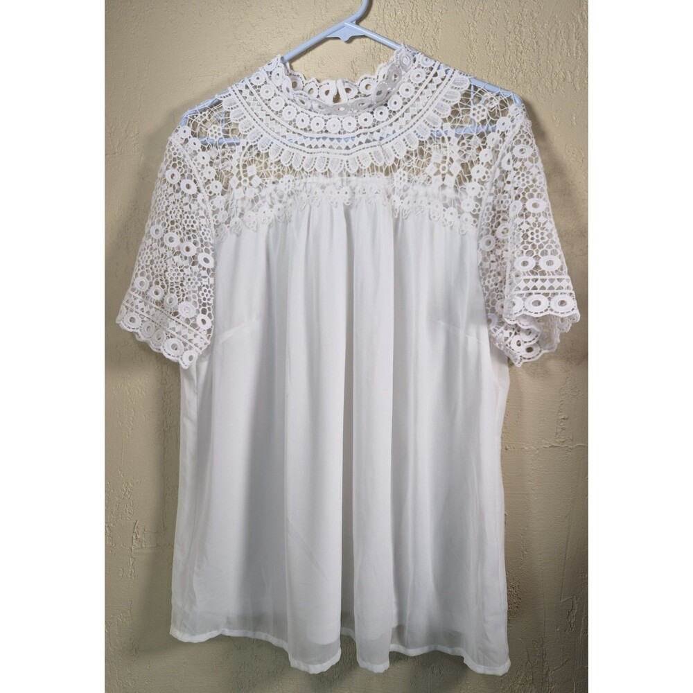 Fair Lady White Lace Blouse Size 12 Flared Sleeve Round Neck Boho Casual Top